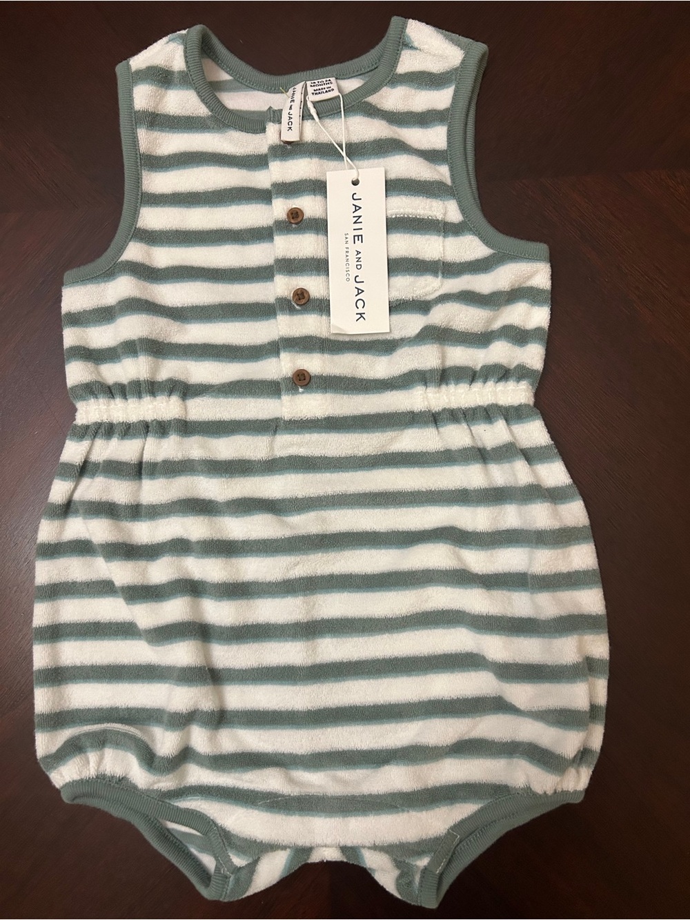 Janie and Jack Green and White Striped Sleeveless Baby Romper